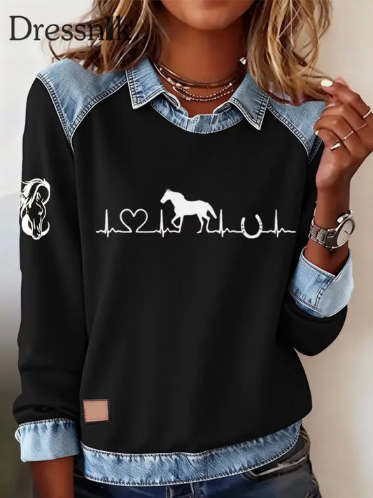 Damen Retro-Pferde druck Pferde liebhaber lässig Sweatshirt Schwarz / S