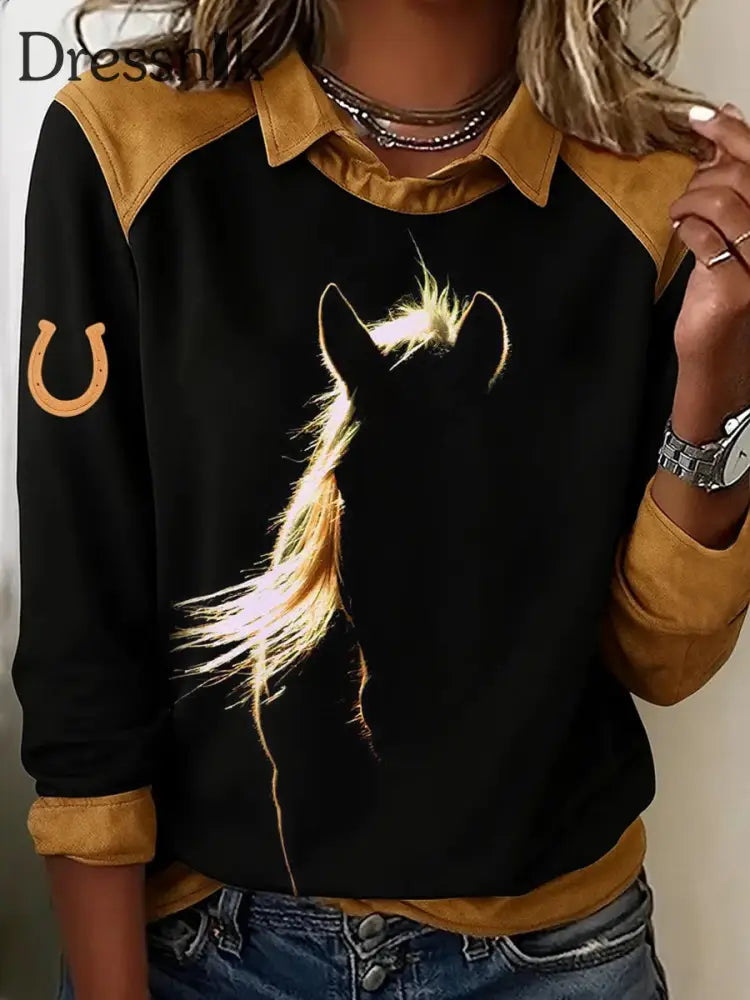 Damen Retro-Pferde druck Pferde liebhaber lässig Sweatshirt Schwarz / S