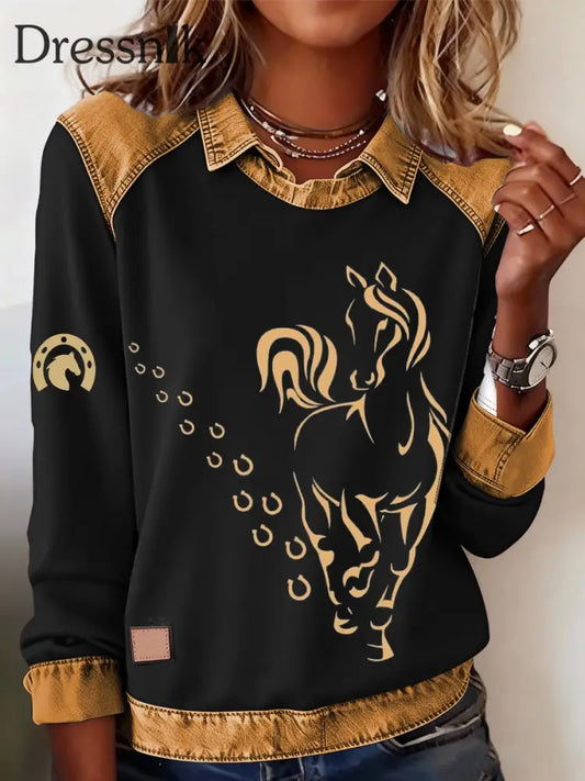 Damen Retro-Pferde druck Pferde liebhaber lässig Sweatshirt Schwarz / S