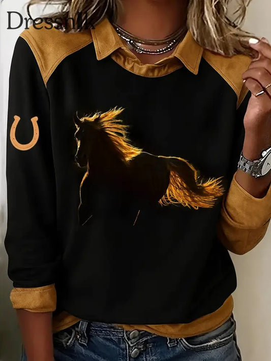 Damen Retro-Pferde druck Pferde liebhaber lässig Sweatshirt Schwarz / S