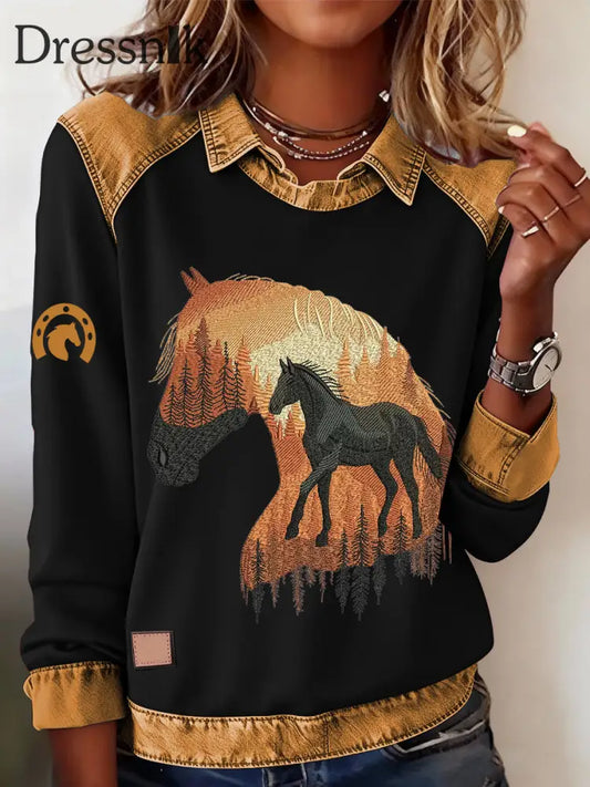 Damen Retro-Pferde druck Pferde liebhaber lässig Sweatshirt Schwarz / S