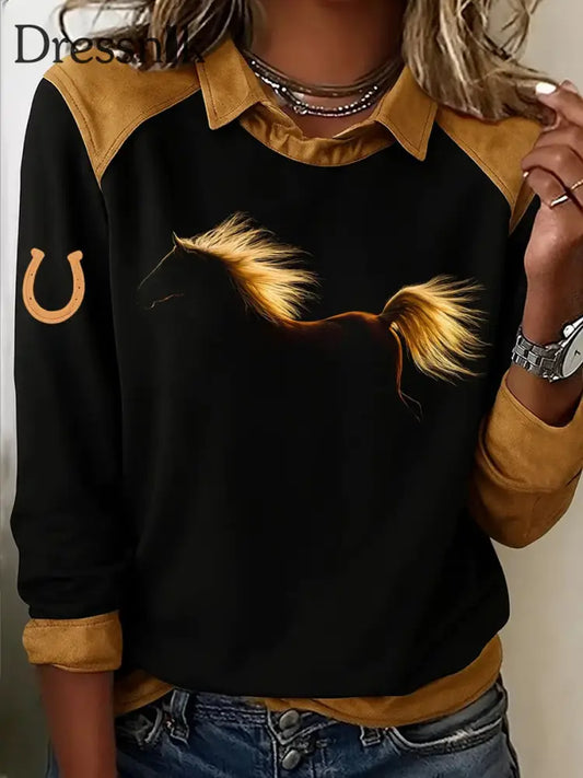 Damen Retro-Pferde druck Pferde liebhaber lässig Sweatshirt Schwarz / S