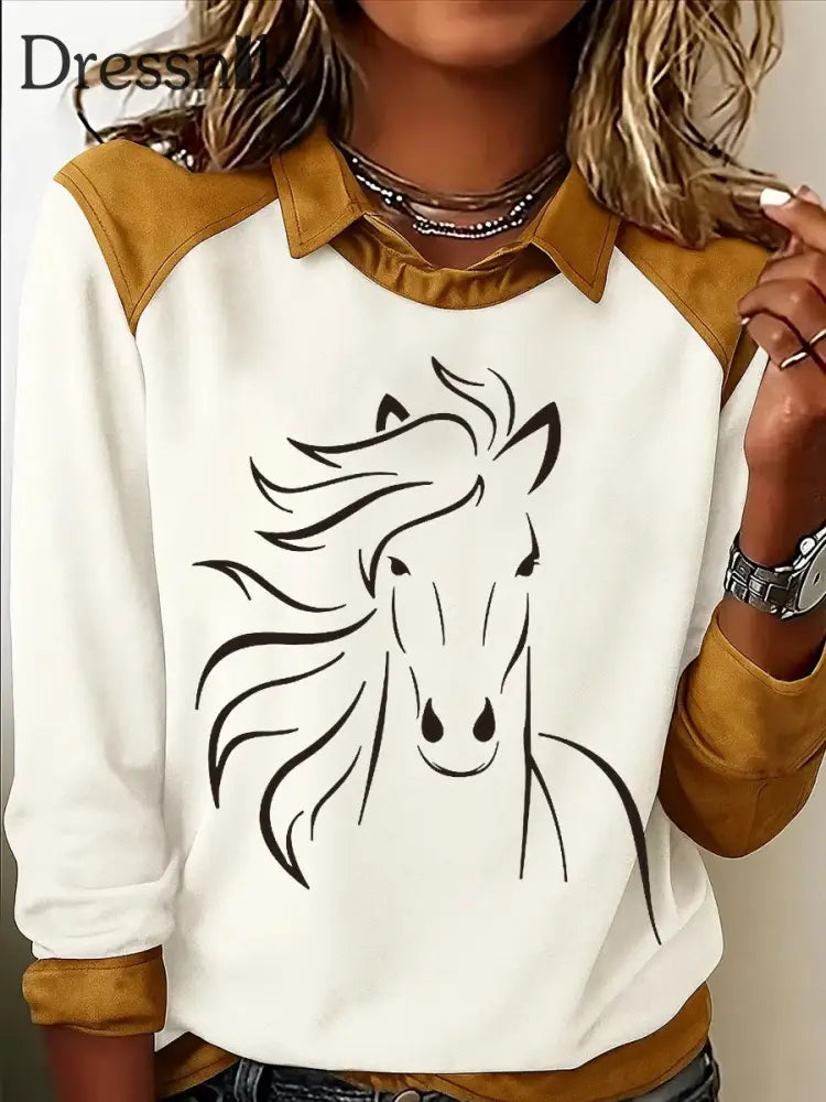 Damen Retro-Pferde druck Pferde liebhaber lässig Sweatshirt weiß / S