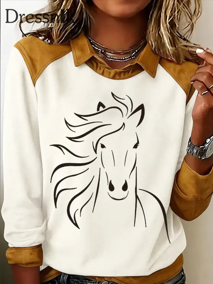 Damen Retro-Pferde druck Pferde liebhaber lässig Sweatshirt weiß / S