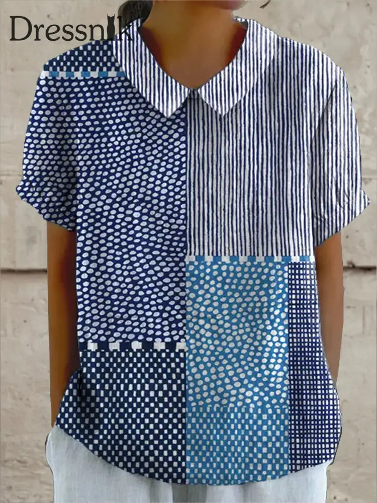 Damen Retro Polka Dot Kunstdruck Freizeit hemd aus Baumwolle und Leinen blau / S