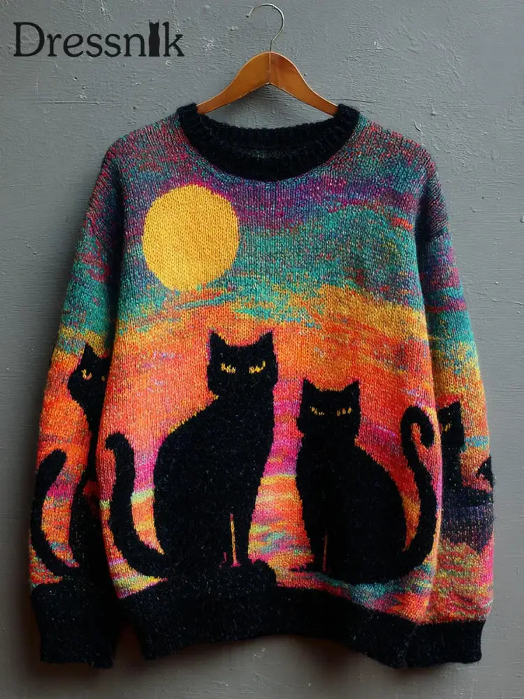 Damen Retro Schwarzer Katzen druck Lässiger Pullover A / S
