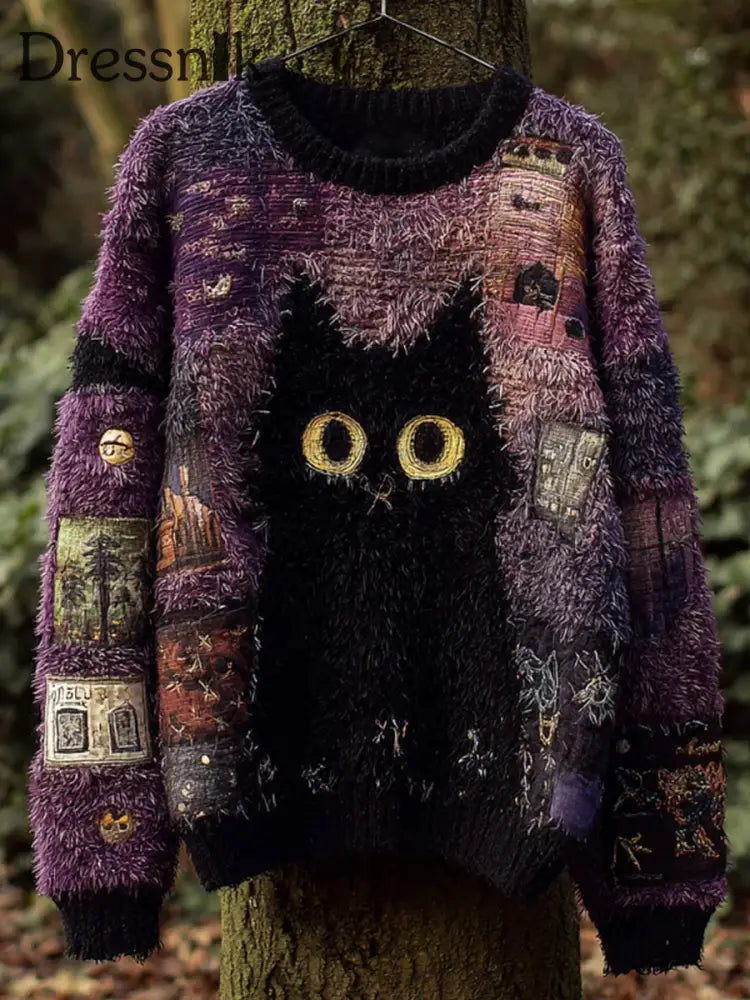 Damen Retro Schwarzer Katzen druck Lässiger Pullover A / S