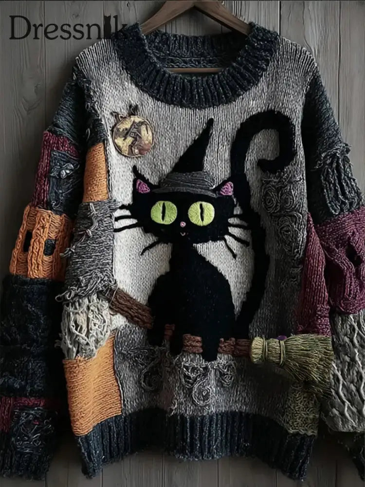 Damen Retro Schwarzer Katzen druck Lässiger Pullover A / S