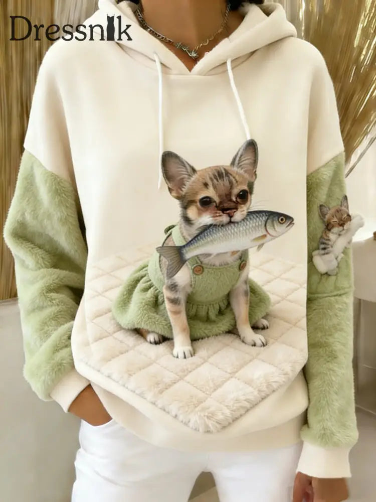 Damen Retro Tier Kunst Print Komfortables Flanell Kapuzen Sweatshirt A / S