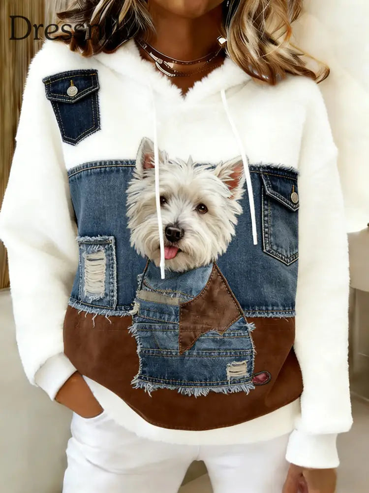 Damen Retro Tier Kunst Print Komfortables Flanell Kapuzen Sweatshirt A / S