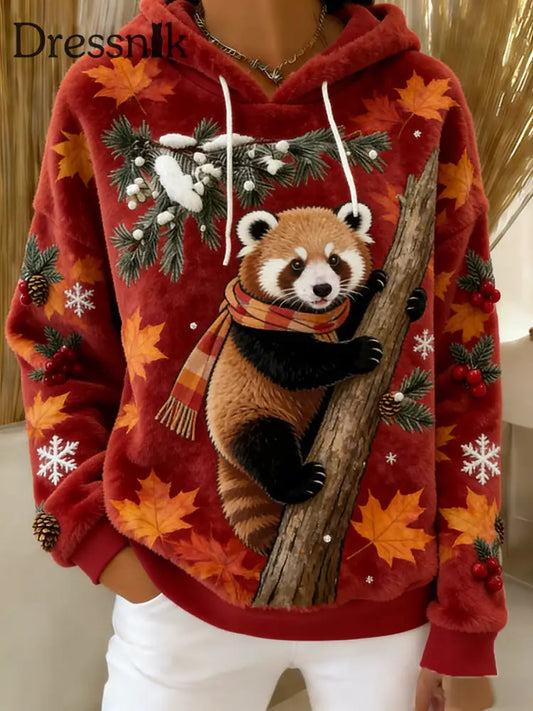 Damen Retro Tier Kunst Print Komfortables Flanell Kapuzen Sweatshirt A / S