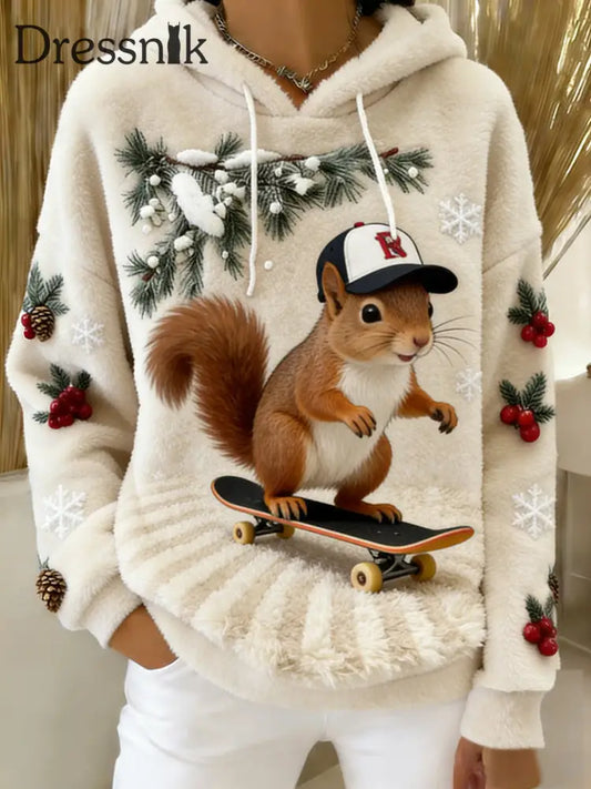 Damen Retro Tier Kunst Print Komfortables Flanell Kapuzen Sweatshirt A / S