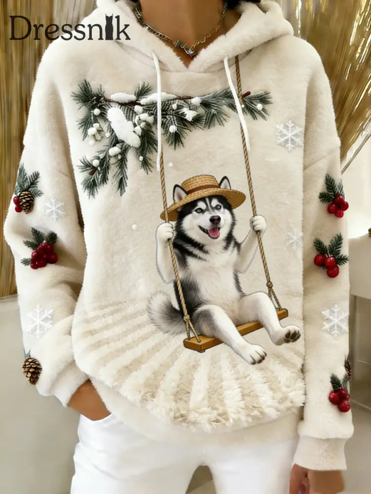 Damen Retro Tier Kunst Print Komfortables Flanell Kapuzen Sweatshirt A / S