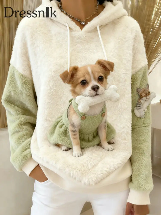 Damen Retro Tier Kunst Print Komfortables Flanell Kapuzen Sweatshirt A / S