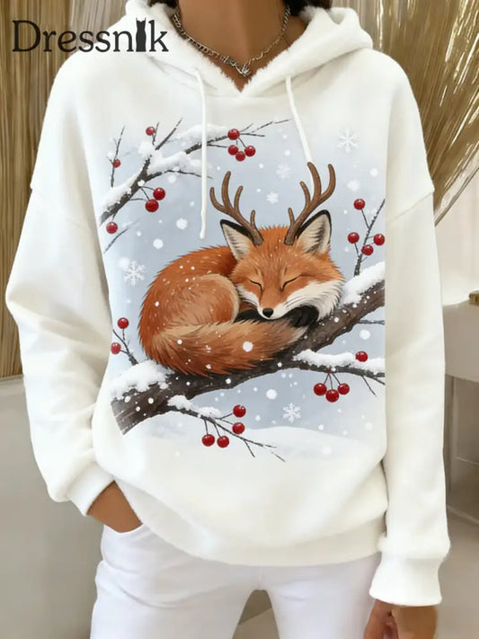 Damen Retro Tier Kunst Print Komfortables Flanell Kapuzen Sweatshirt A / S