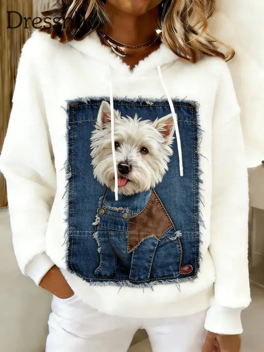 Damen Retro Tier Kunst Print Komfortables Flanell Kapuzen Sweatshirt A / S