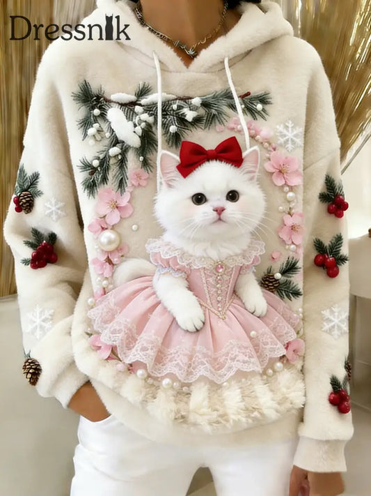 Damen Retro Tier Kunst Print Komfortables Flanell Kapuzen Sweatshirt A / S