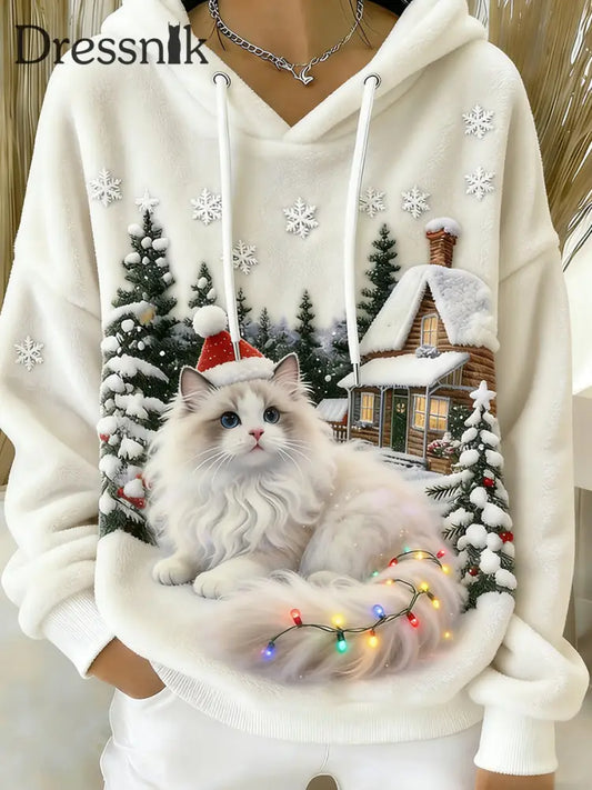 Damen Retro Tier Kunst Print Komfortables Flanell Kapuzen Sweatshirt A / S