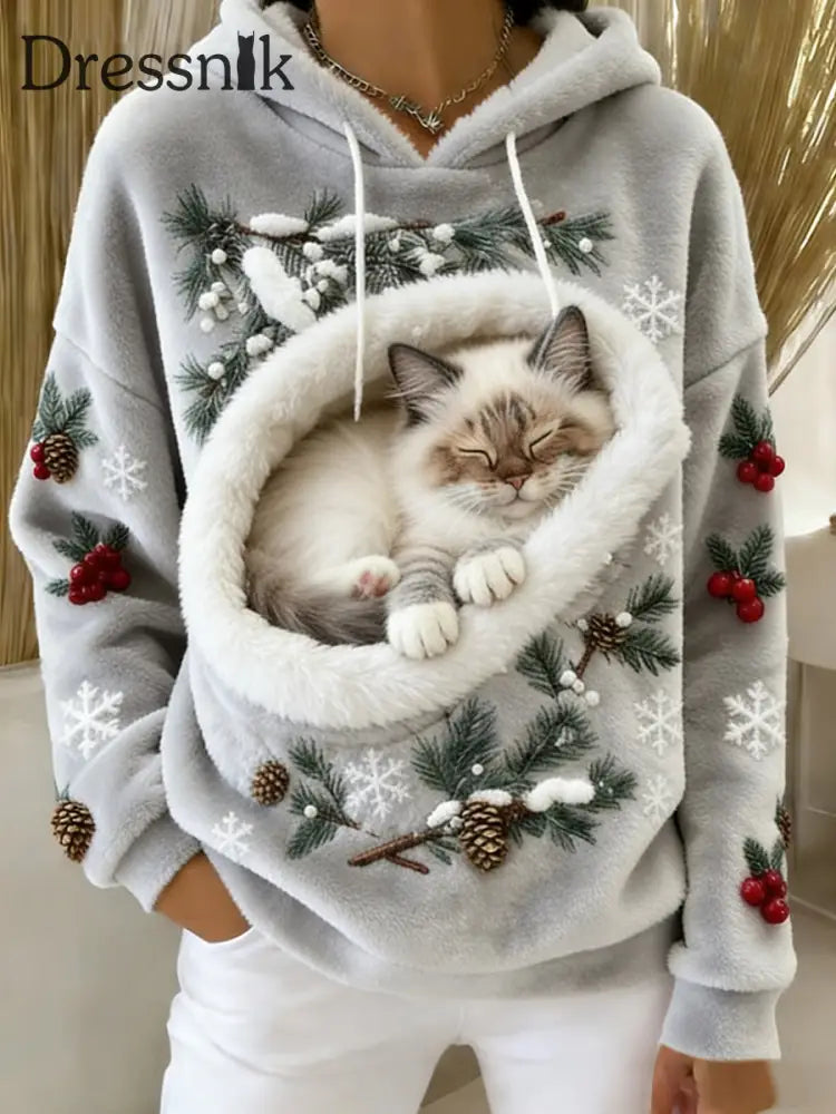 Damen Retro Tier Kunst Print Komfortables Flanell Kapuzen Sweatshirt A / S