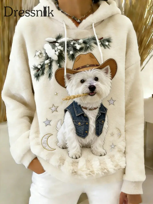 Damen Retro Tier Kunst Print Komfortables Flanell Kapuzen Sweatshirt A / S