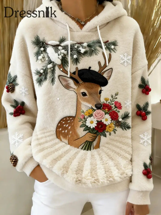 Damen Retro Tier Kunst Print Komfortables Flanell Kapuzen Sweatshirt A / S