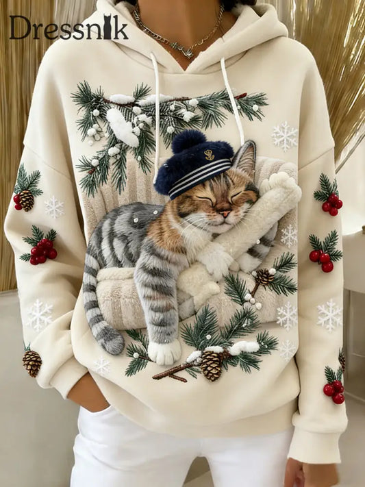 Damen Retro Tier Kunst Print Komfortables Flanell Kapuzen Sweatshirt A / S