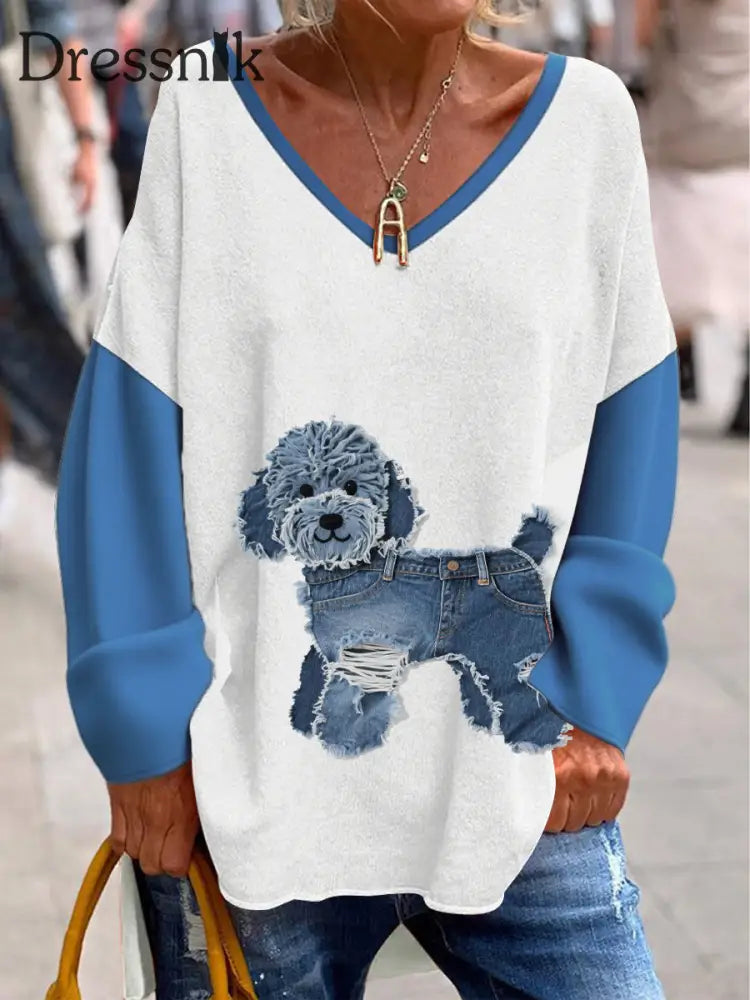 Damen Retro V Ausschnitt Tier druck Lässiges Langarm T Shirt A / S