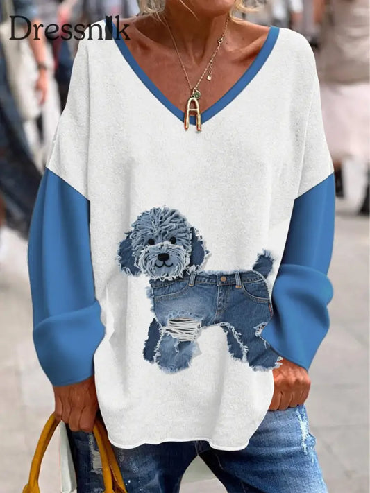 Damen Retro V Ausschnitt Tier druck Lässiges Langarm T Shirt A / S
