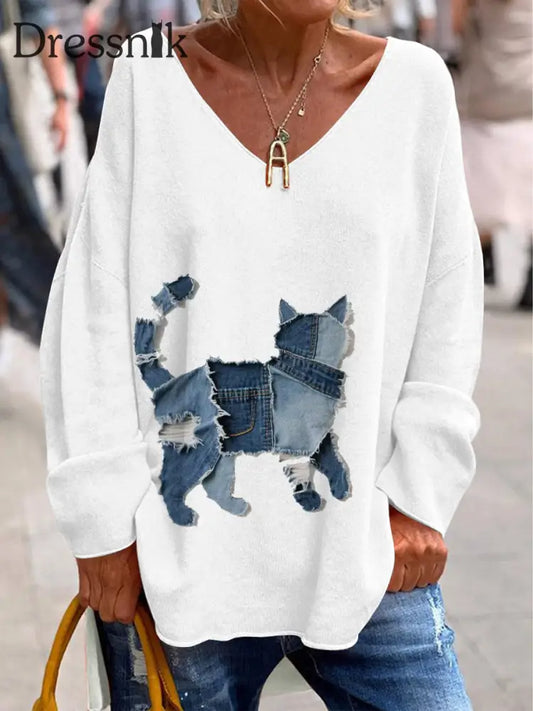 Damen Retro V Ausschnitt Tier druck Lässiges Langarm T Shirt A / S