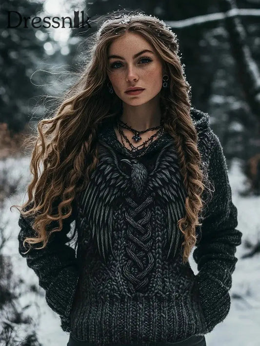 Damen Retro Viking Celtic Knoten Adler Casual Kapuzen Top Schwarz / S