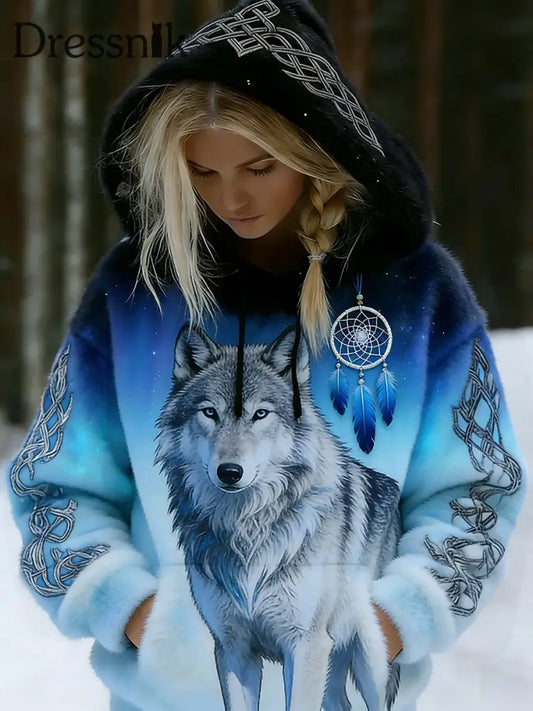 Damen-Retro-Viking-Celtic-Stil Aurora-Muster Flanell-Kapuzenpullover A / S