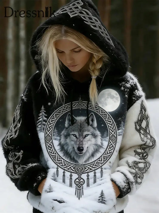 Damen-Retro-Viking-Celtic-Stil Aurora-Muster Flanell-Kapuzenpullover A / S
