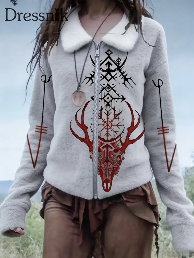 Damen Retro Viking Keltische Kultur Kunst Casual Stand Kragen Reiß verschluss Jacke Grau / S