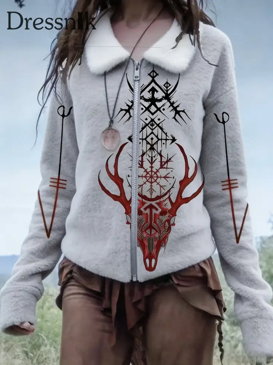 Damen Retro Viking Keltische Kultur Kunst Casual Stand Kragen Reiß verschluss Jacke Grau / S