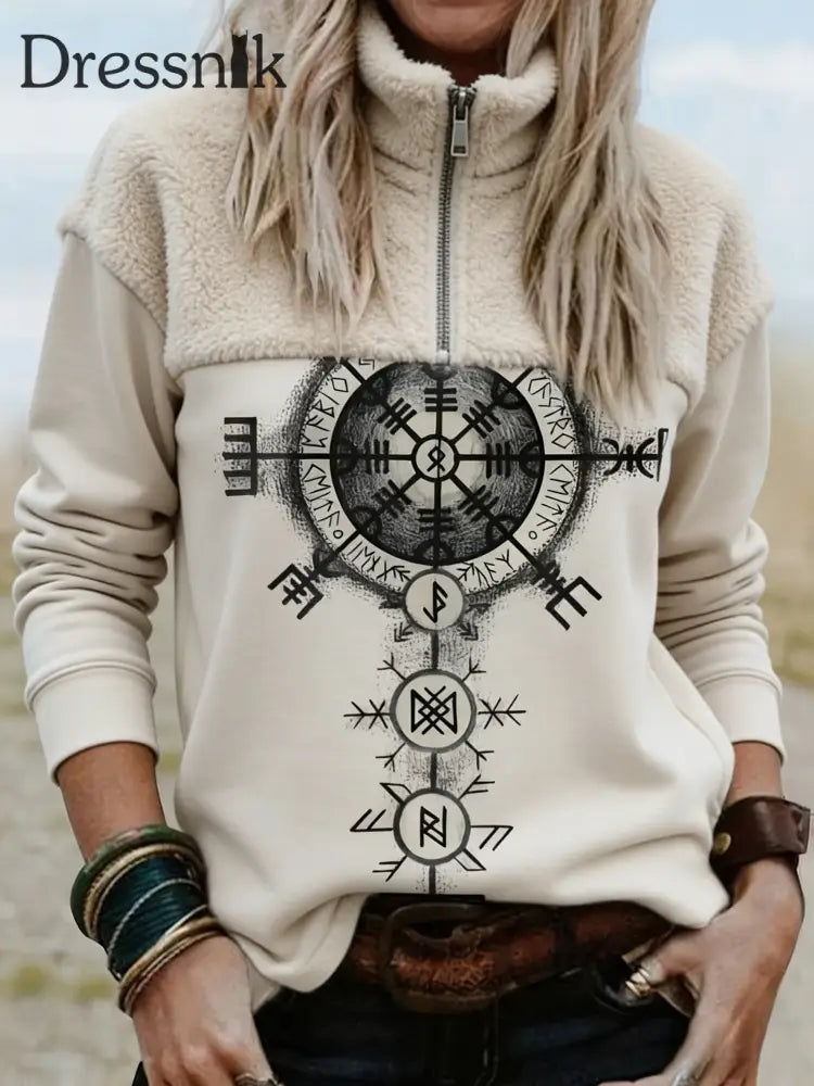 Damen Retro Viking Keltische Kultur Kunst Casual Stand Kragen Sweatshirt Beige / S