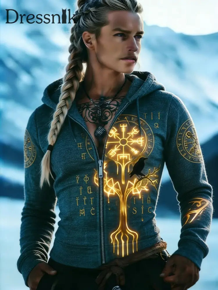 Damen Retro Viking Keltische Kultur Raven Rune Freizeit-Kragen Kragen Reiß verschluss Jacke blau / S