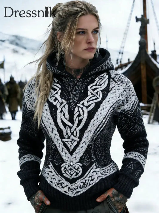 Damen Retro Viking Keltischer Knoten Lässiges Kapuzen oberteil Schwarz / S