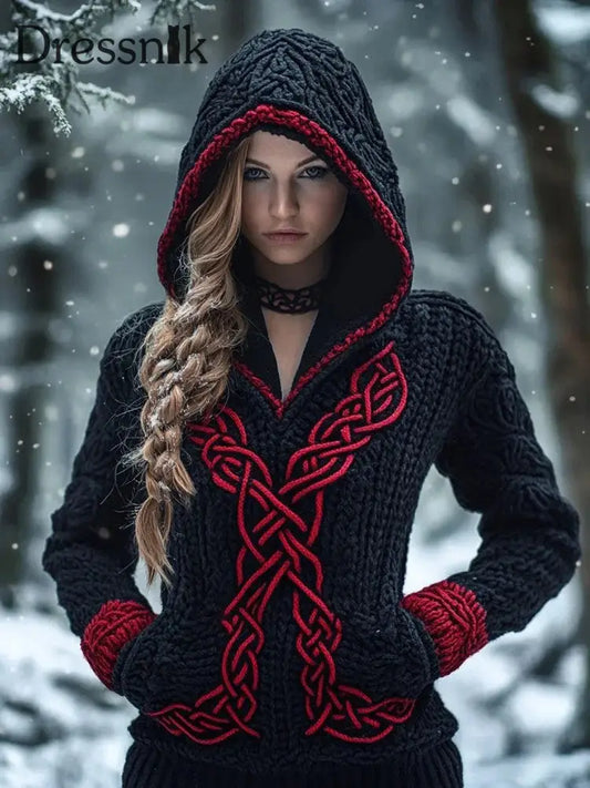 Damen Retro Viking Keltischer Knoten Lässiges Kapuzen oberteil Schwarz / S