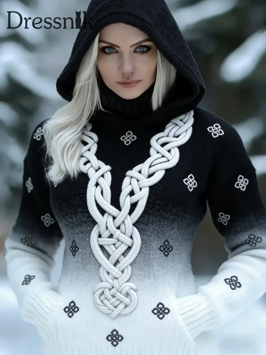 Damen Retro Viking Keltischer Knoten Steigung Kapuzen pullover Schwarz / S
