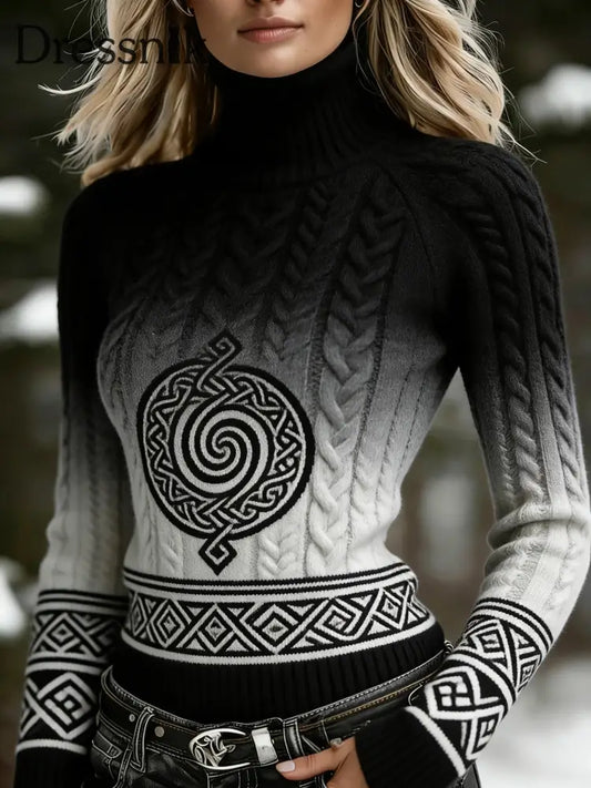 Damen Retro Viking Keltischer Knoten Steigung Lässiger Roll kragen pullover Schwarz / S