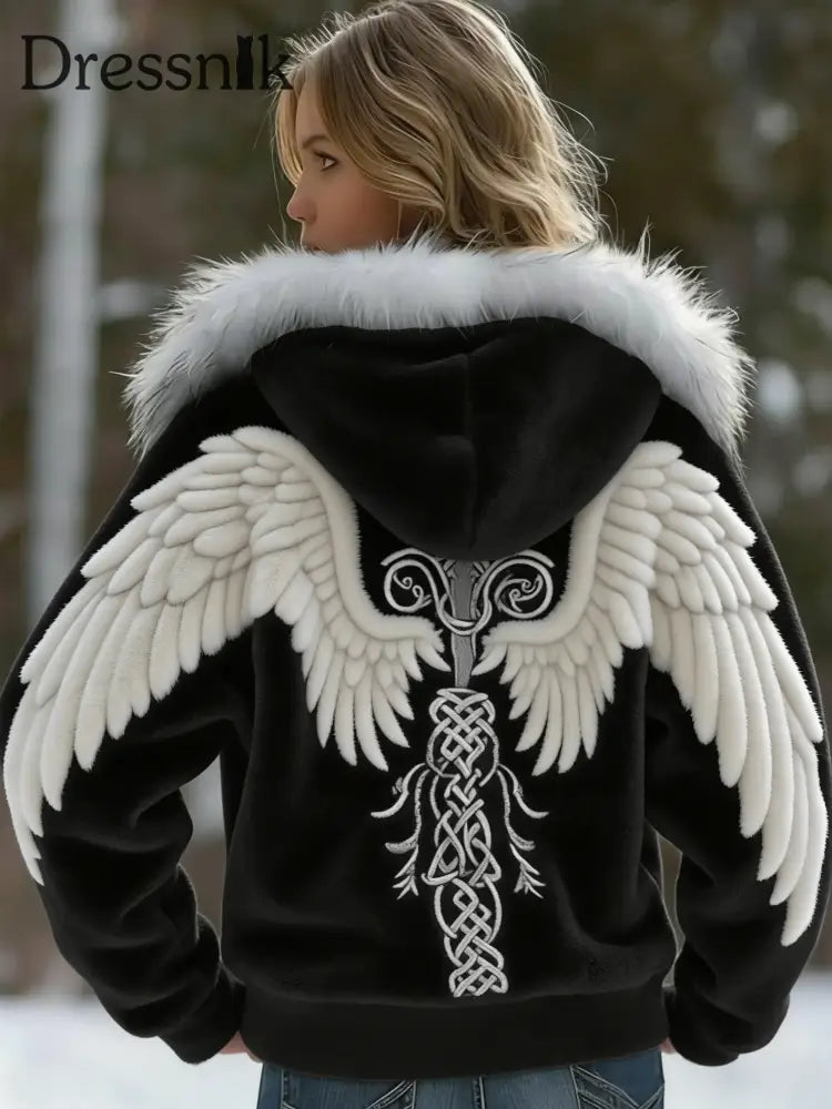 Damen Retro Viking Nordic Wings Keltischer Knoten Flanell Kapuzen jacke Schwarz / S