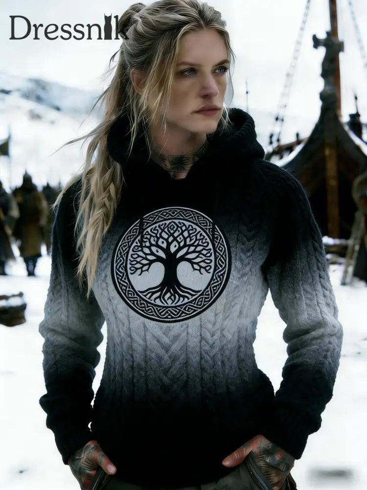 Damen Retro Viking Nordic Wolf Gradient Keltischer Knoten Kapuzen pullover Schwarz / S