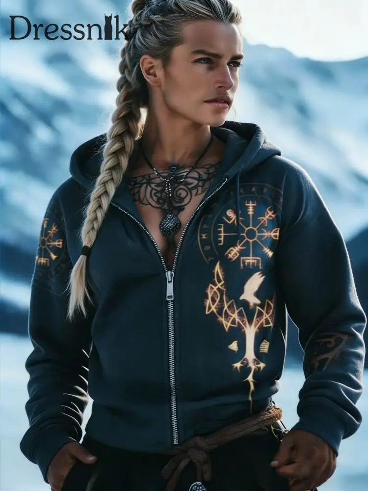 Damen Retro Viking Raven Rune Baum des Lebens Kunst Freizeit Reiß verschluss Jacke Grau / S