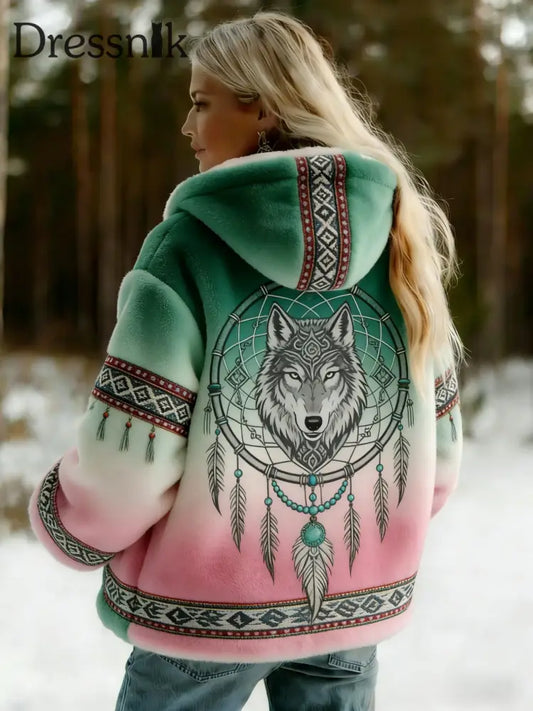 Damen Retro Viking Wolf Keltischer Knoten Steigung Flanell Kapuzen jacke Grün / S