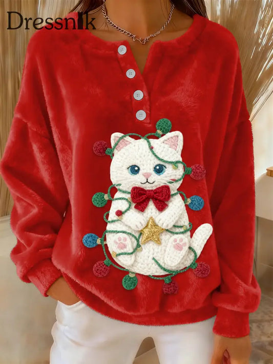 Damen Retro Weihnachten niedlich Katze Print Langarm Flanell Pullover Rot / S