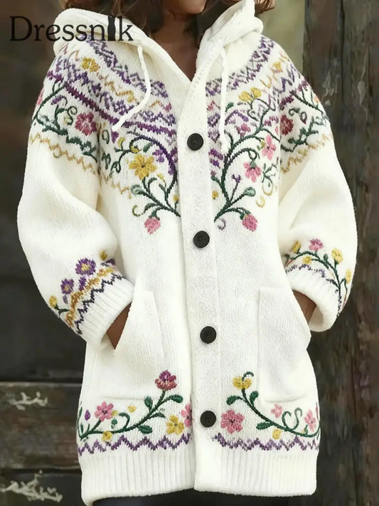 Damen Retro Weihnachts kunstdruck Freizeit Midi Kapuzen strickjacke A / S