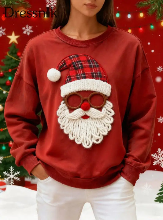 Damen Retro Weihnachts mann Print Sweatshirt Rot / S