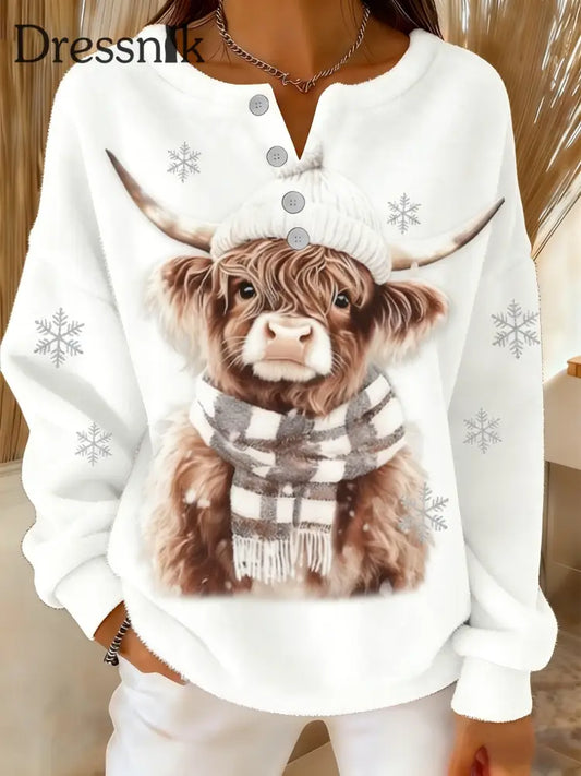 Damen Retro Weihnachts schneeflocke Highland Kuh Print Komfortabler Flanell pullover Weiß / S