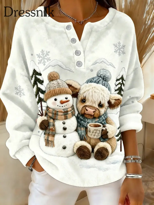 Damen Retro Weihnachts schneeflocke Highland Kuh Schneemann Druck Komfortable Flanell Pullover Weiß / S