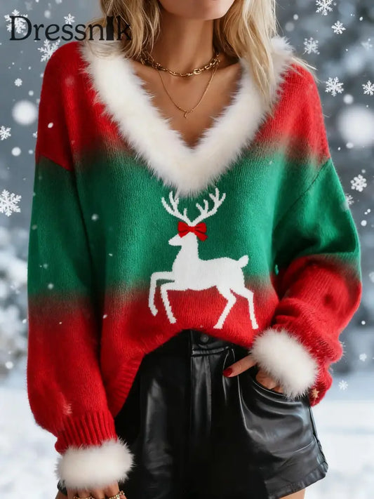 Damen Retro-Weihnachtsrentier-Steigung lang ärmelig mit Pelz besatz Rot / S